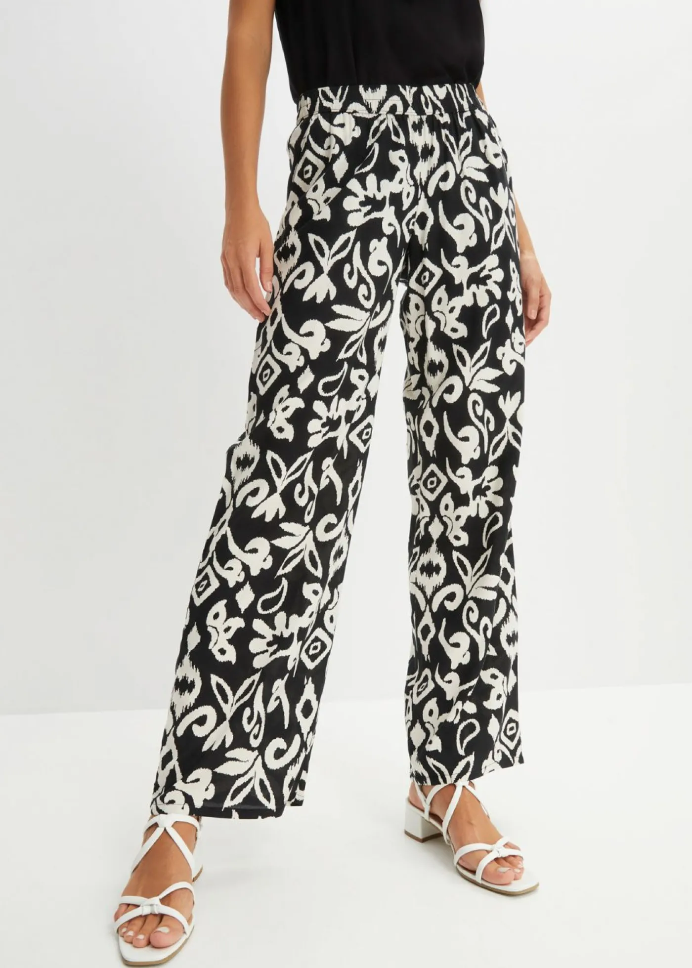bonprix bonprix Pantalón Marlene estampado de viscosa fluida Negro-crema Online