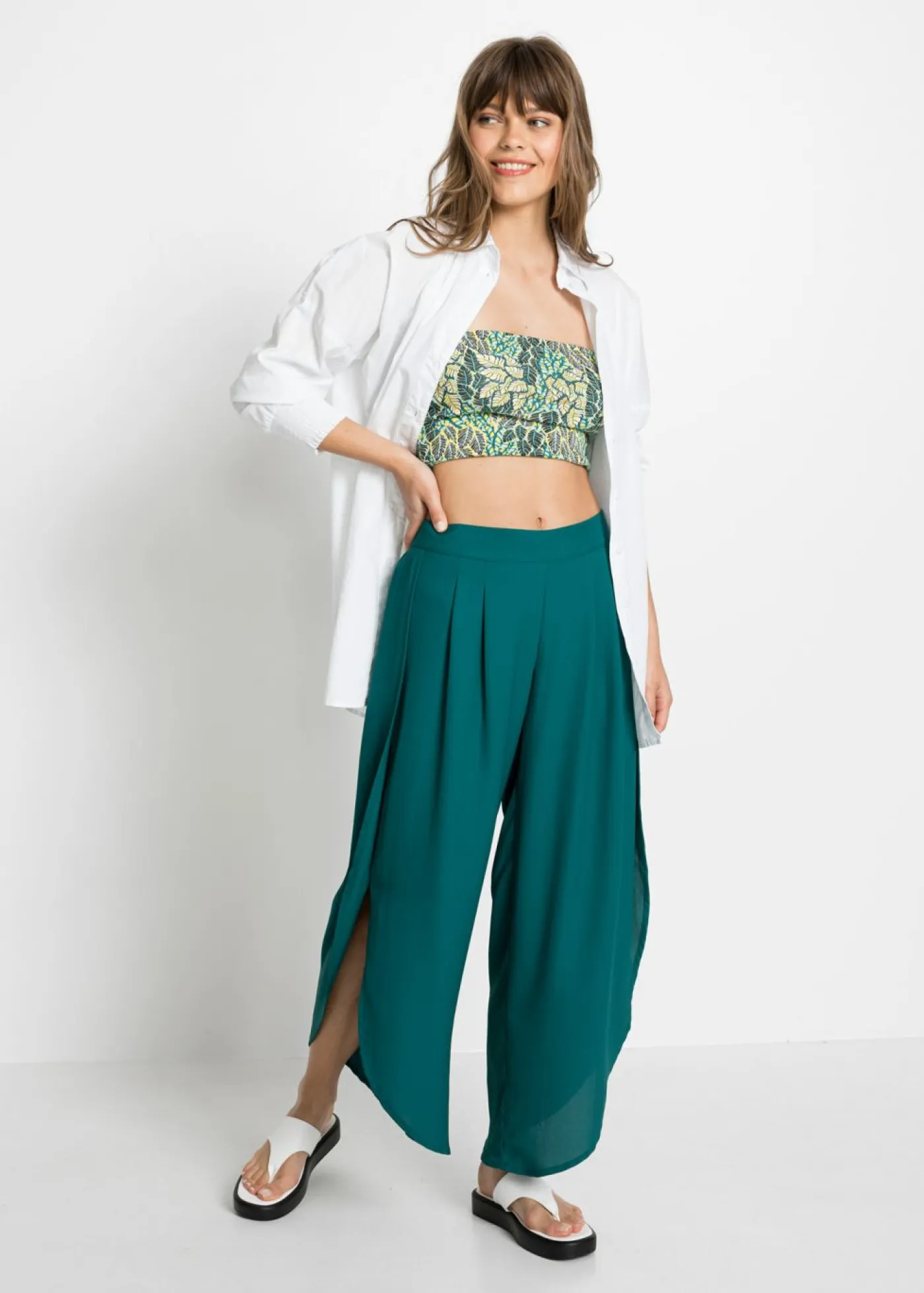 bonprix bonprix Pantalón palazzo con abertura Azul petróleo Hot