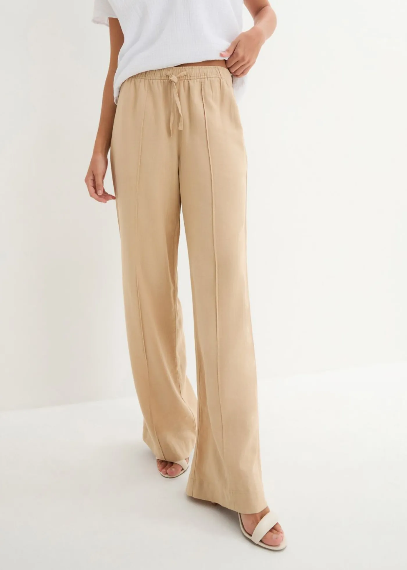 bonprix bonprix Pantalón palazzo de mezcla ligera de viscosa y lino Café con leche Hot