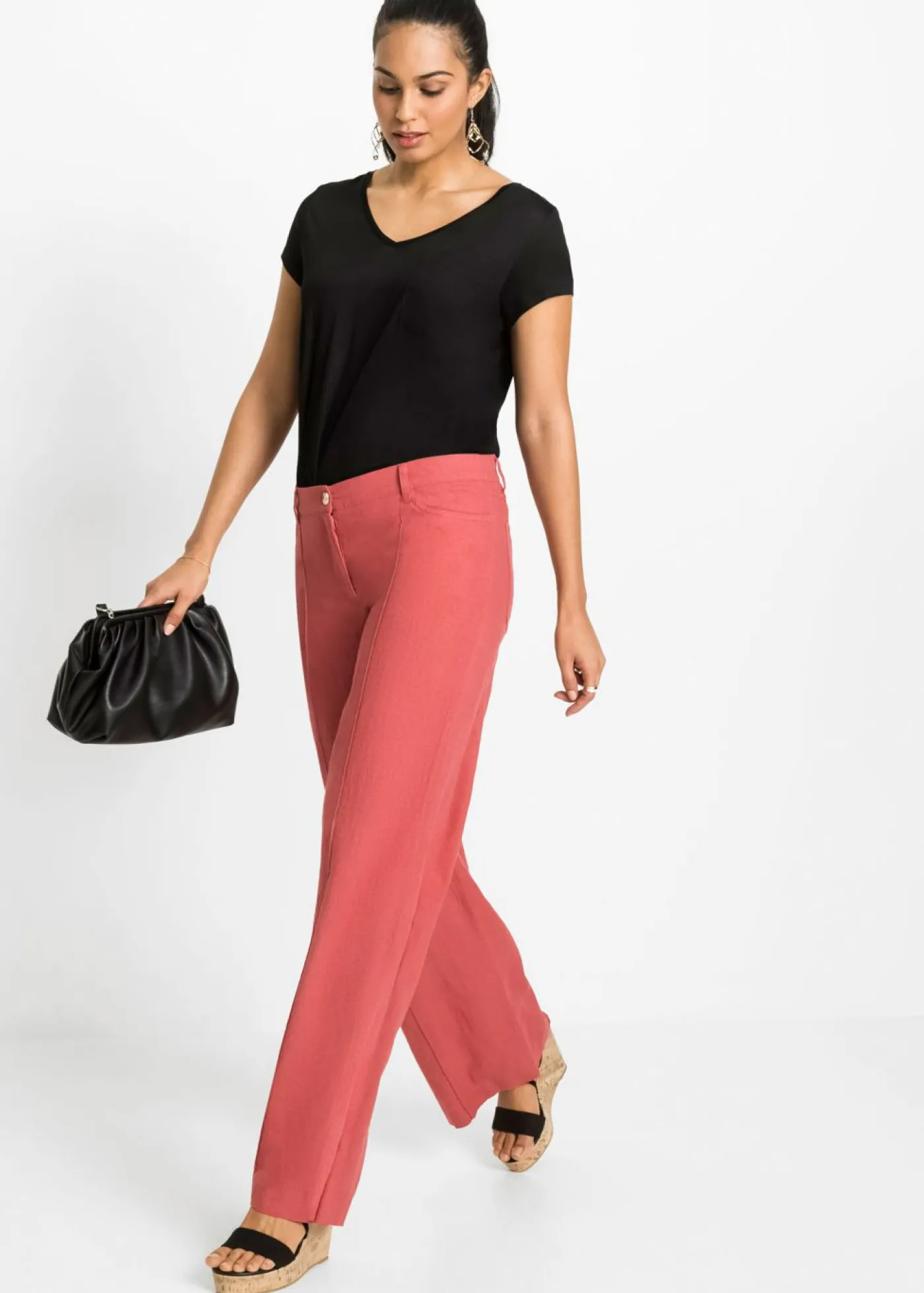 bonprix bonprix Pantalón palazzo de mezcla de lino rojo mate Clearance