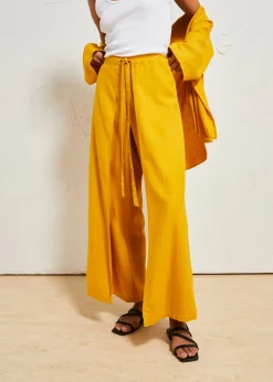 bonprix bonprix Pantalón palazzo de mezcla de lino Oro ocre Outlet