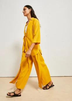 bonprix bonprix Pantalón palazzo de mezcla de lino Oro ocre Outlet