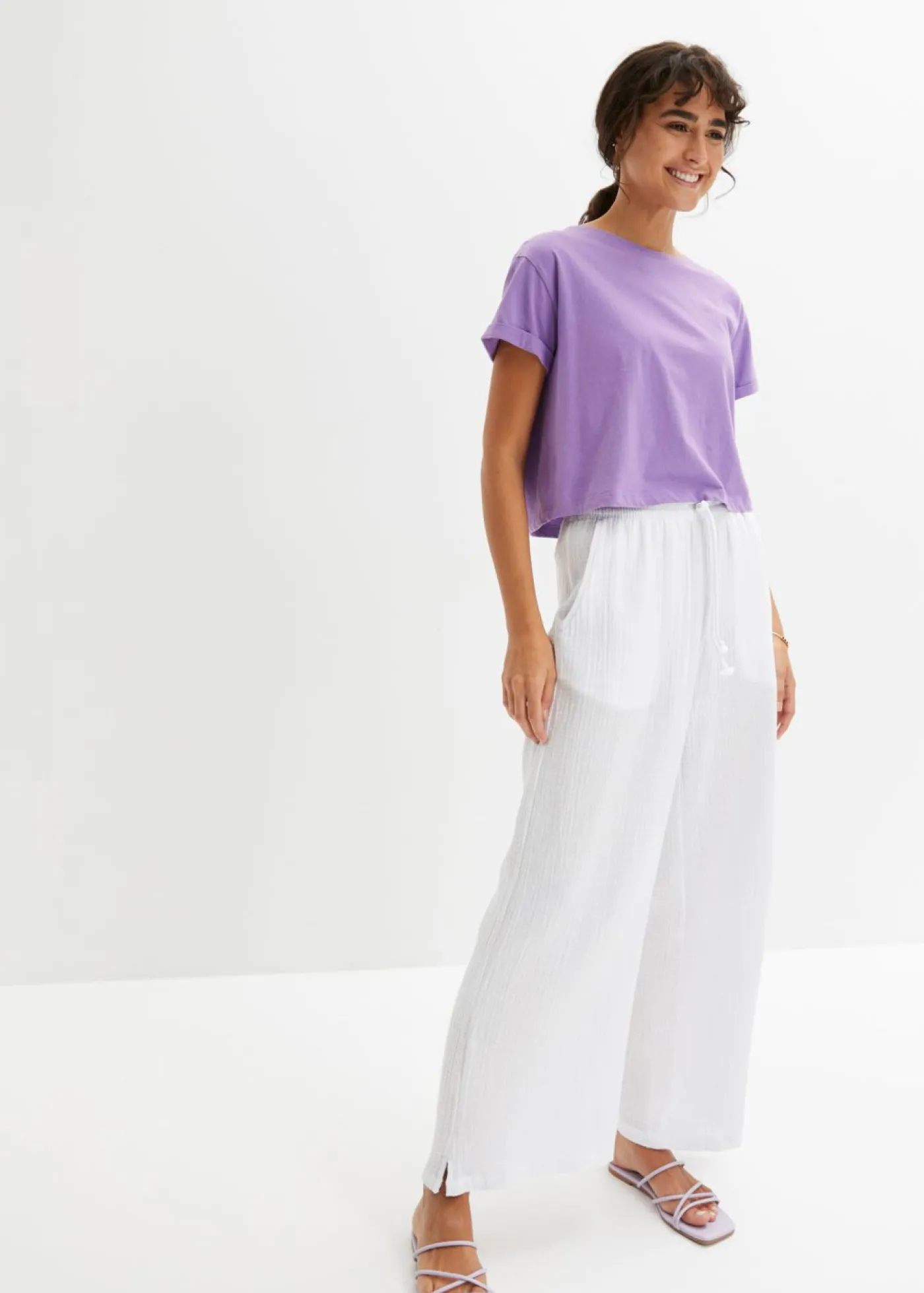 bonprix bonprix Pantalón palazzo de muselina Blanco Best