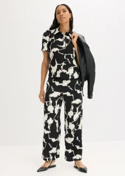 bonprix bonprix Pantalón palazzo de satén fluido Negro-blanco Outlet