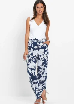 bonprix bonprix Pantalón Palazzo de viscosa fluida azul marino / blanco con flores Outlet