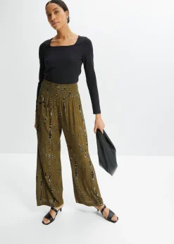 bonprix bonprix Pantalón Palazzo de viscosa fluida Verde caqui/negro estampado Discount