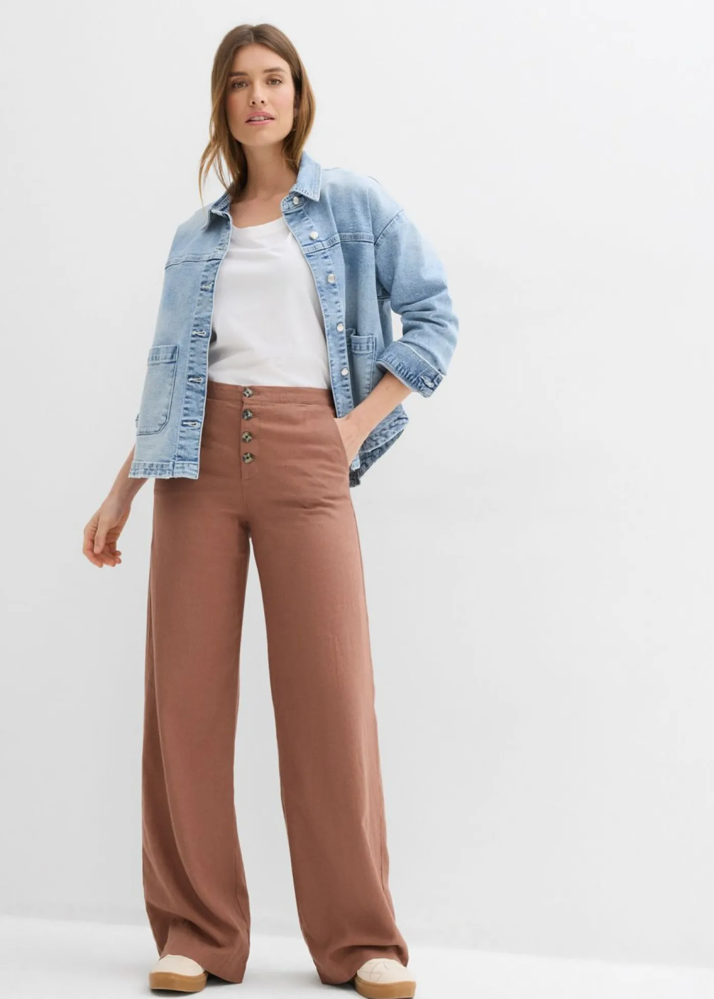 bonprix bonprix Pantalón palazzo largo con lino Marrón castaño Hot
