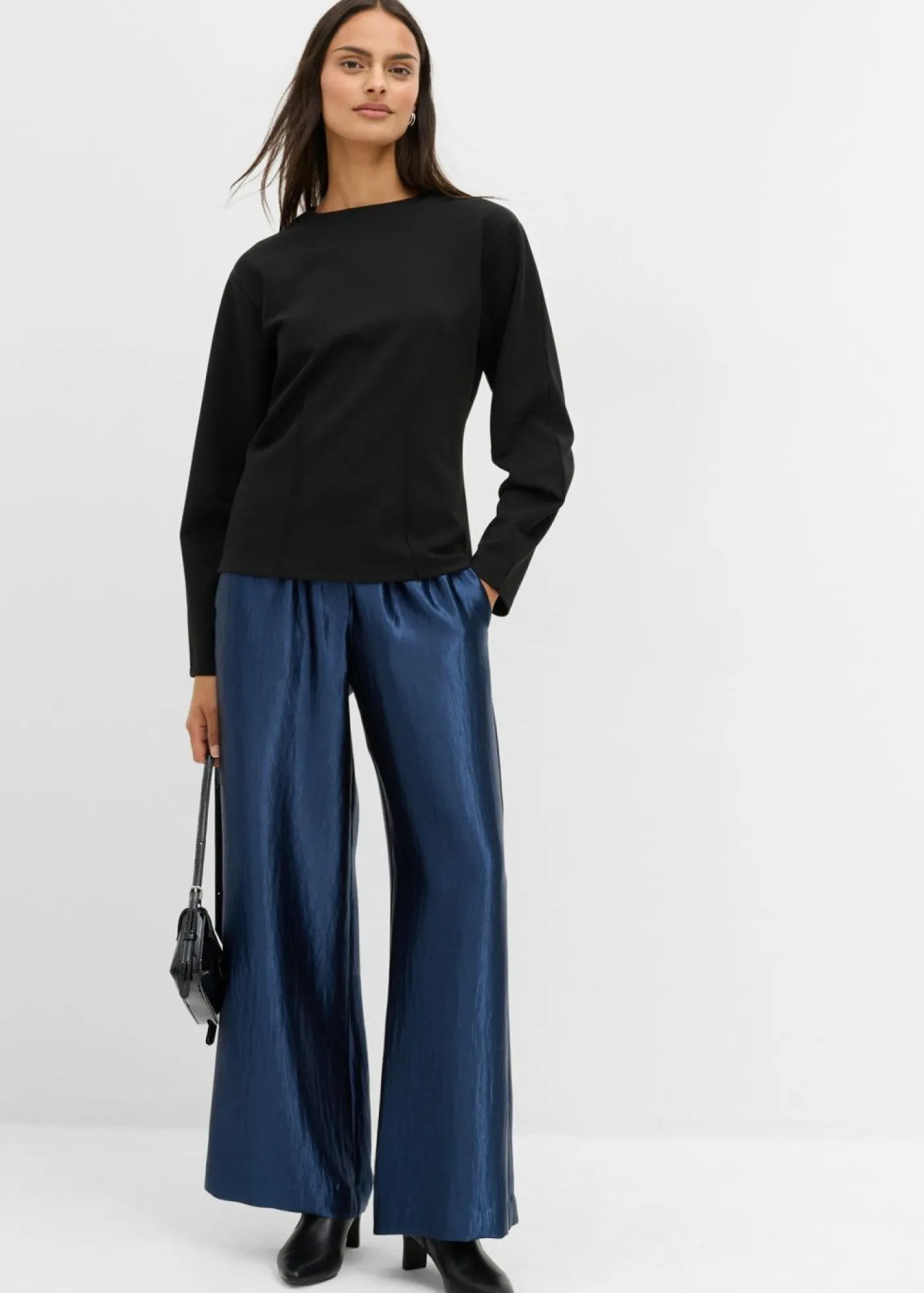 bonprix bonprix Pantalón palazzo satinado con cinturilla cómoda Azul almirante Online