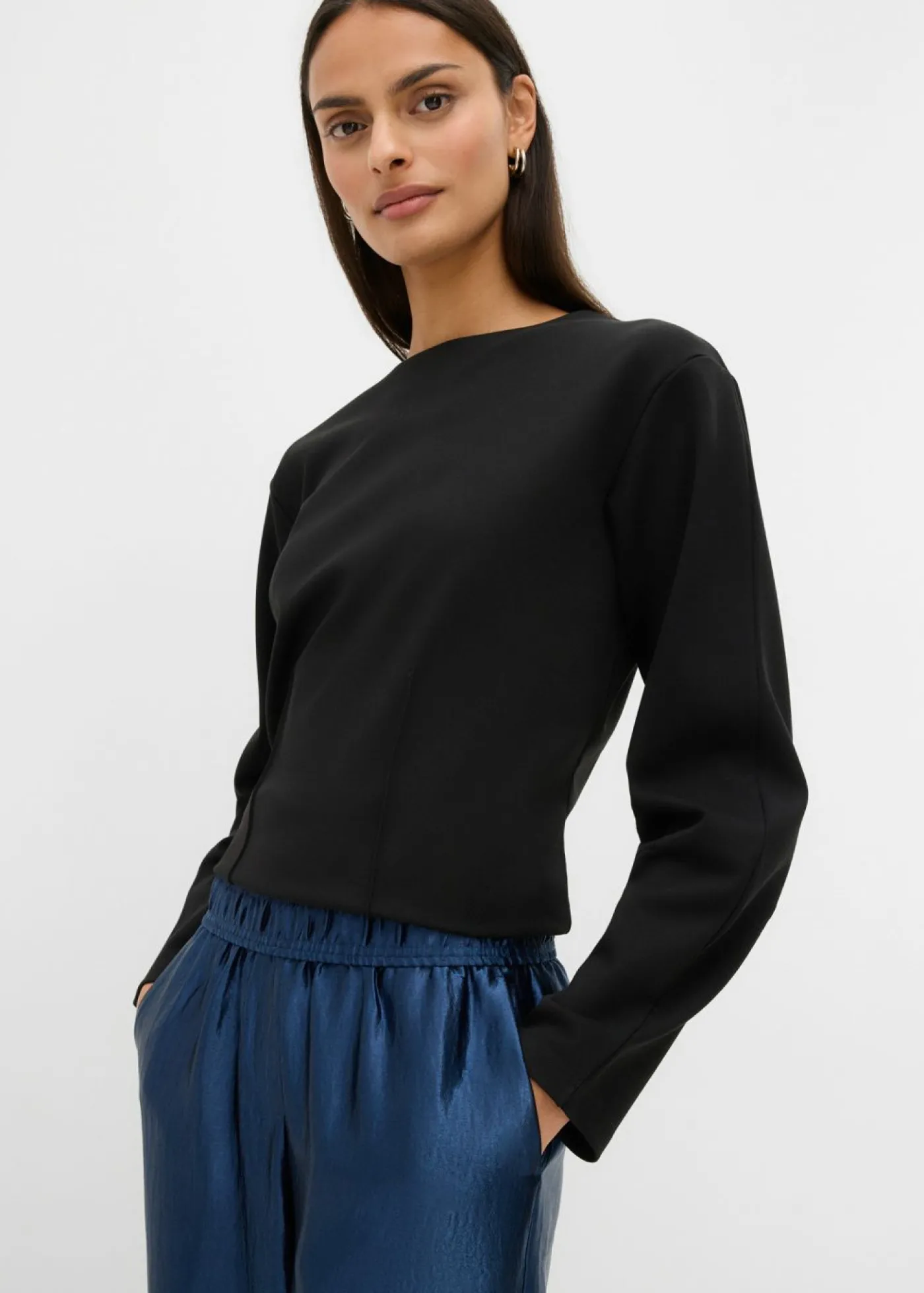 bonprix bonprix Pantalón palazzo satinado con cinturilla cómoda Azul almirante Online
