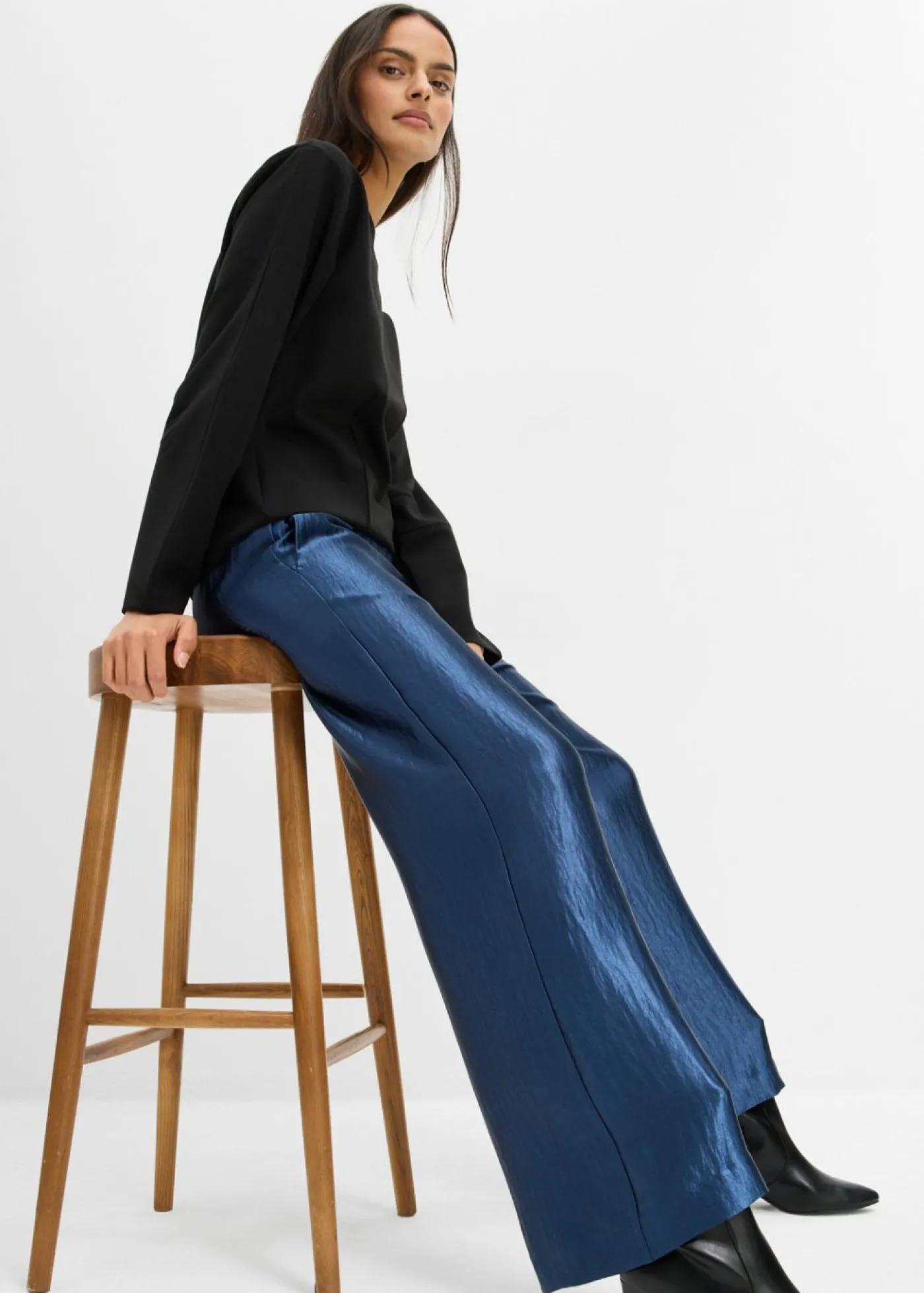 bonprix bonprix Pantalón palazzo satinado con cinturilla cómoda Azul almirante Online