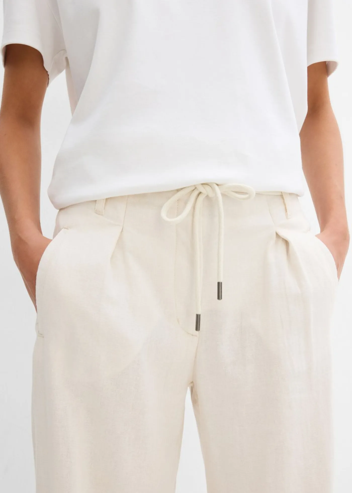 bonprix bonprix Pantalón paperbag de ligera mezcla de lino Beige natural