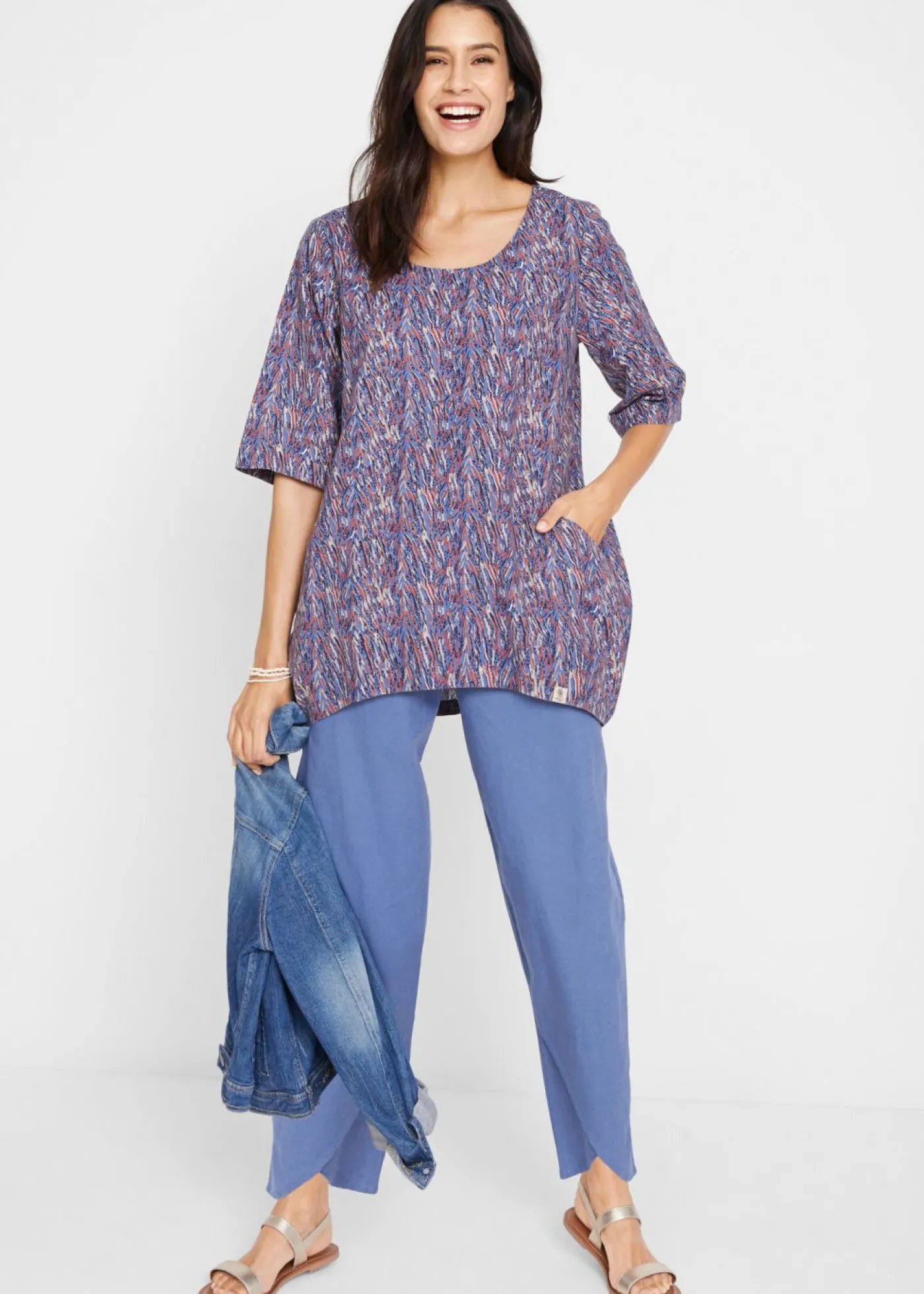 bonprix bonprix Pantalón pirata de mezcla de lino ligero denim azul Clearance