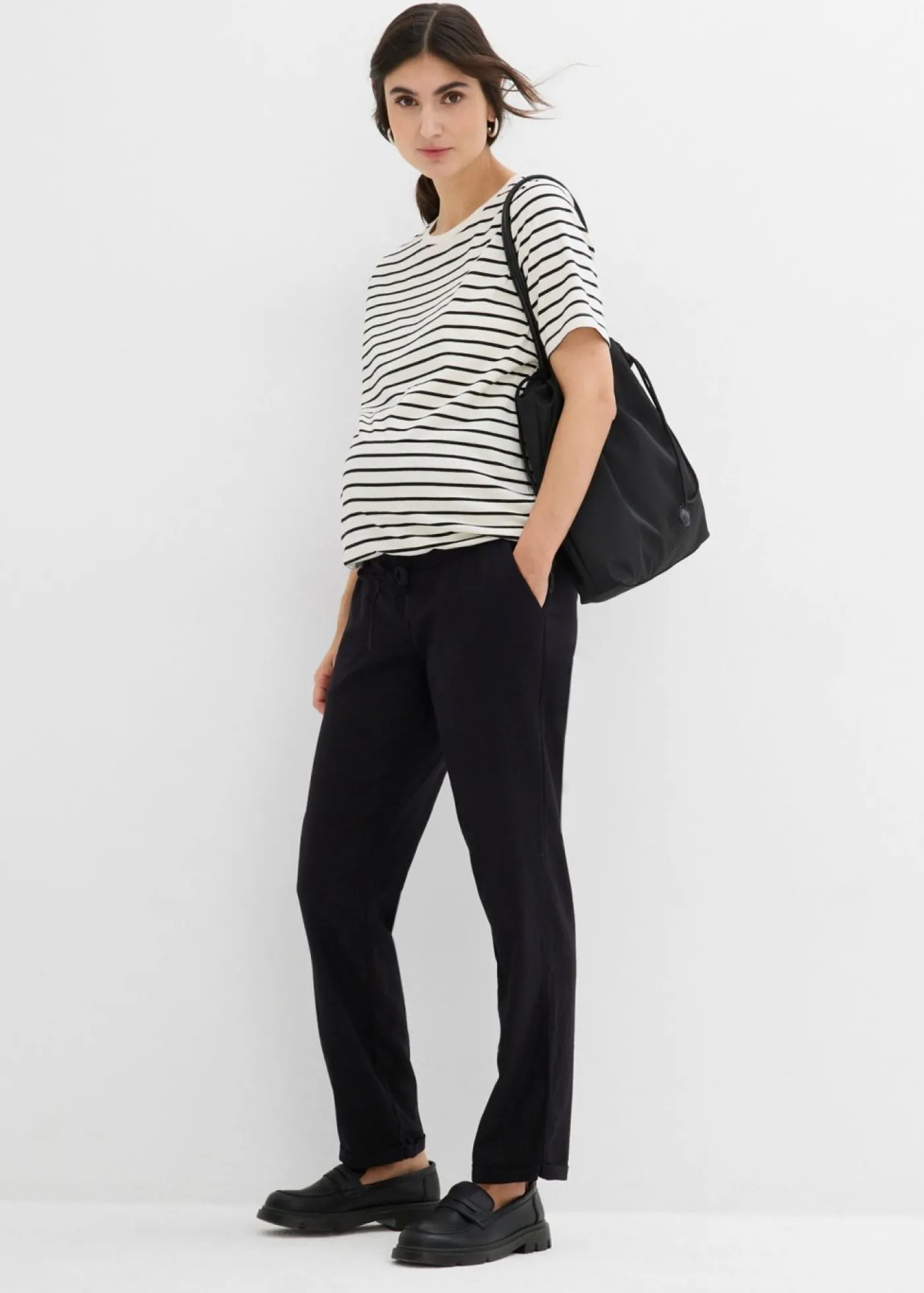 bonprix bonprix Pantalón premamá de lino con pernera recta Negro Sale