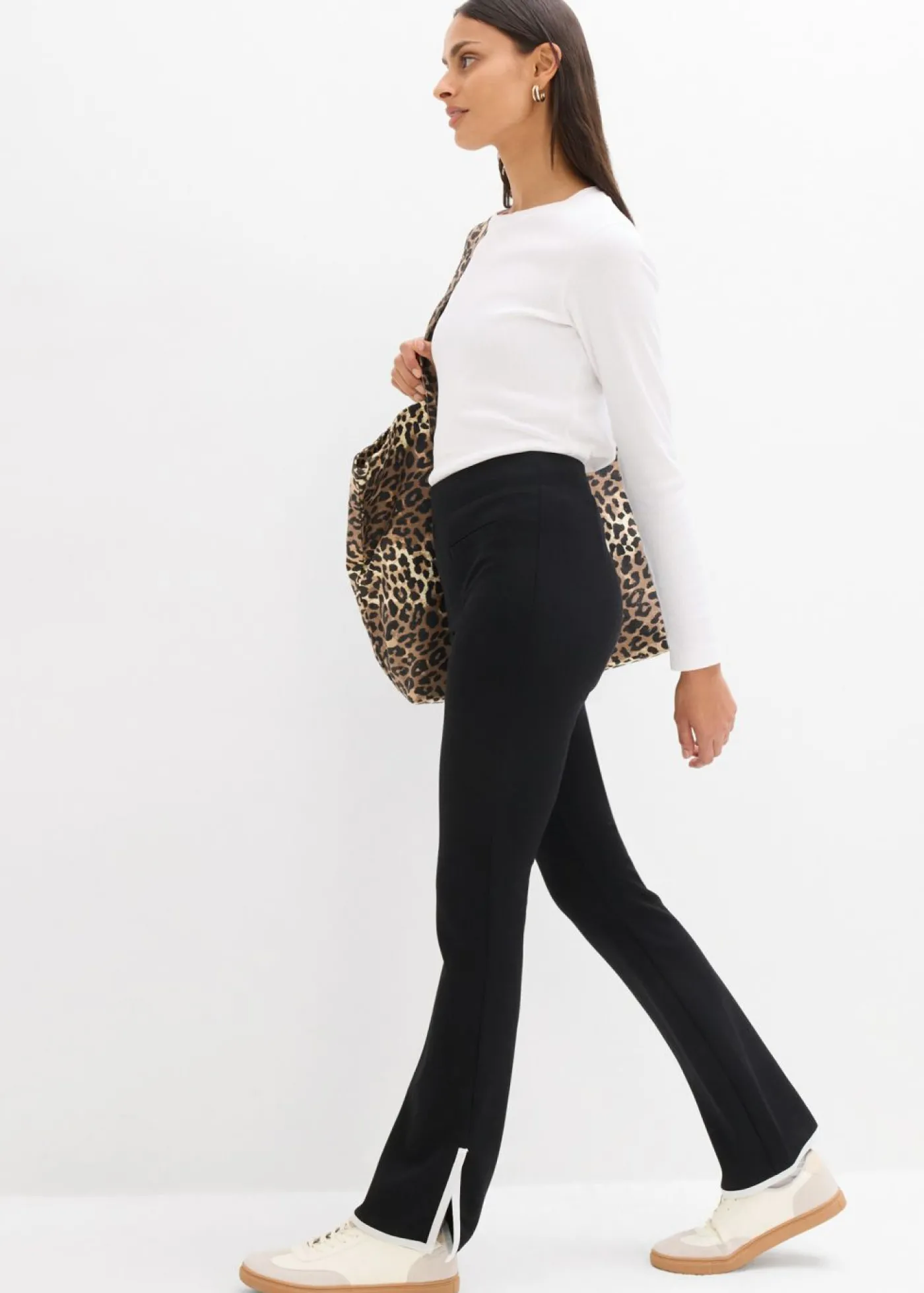 bonprix bonprix Pantalón Punto di Roma con abertura Negro-blanco lana Online