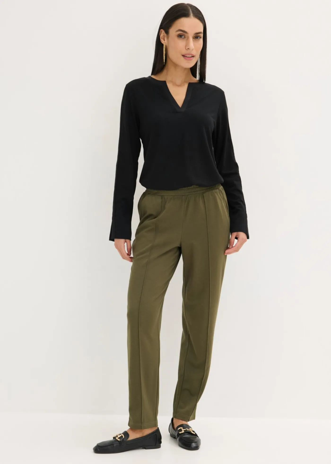 bonprix bonprix Pantalón sin cierre con ribete Verde oliva oscuro