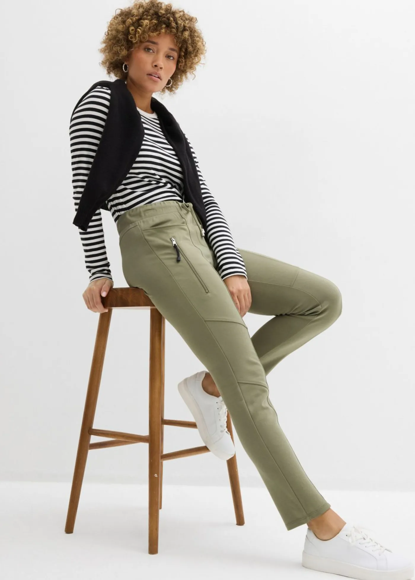 bonprix bonprix Pantalón sin cierre de cómodo tejido Punto di Roma Verde oliva Clearance