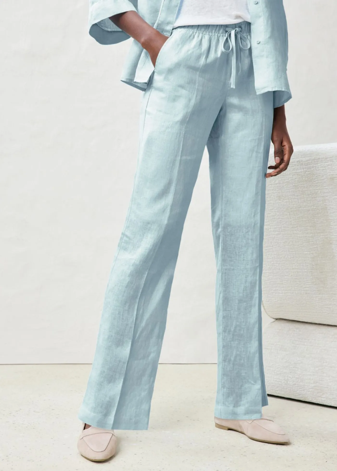 bonprix bonprix Pantalón sin cierre de lino puro Azul hielo Clearance