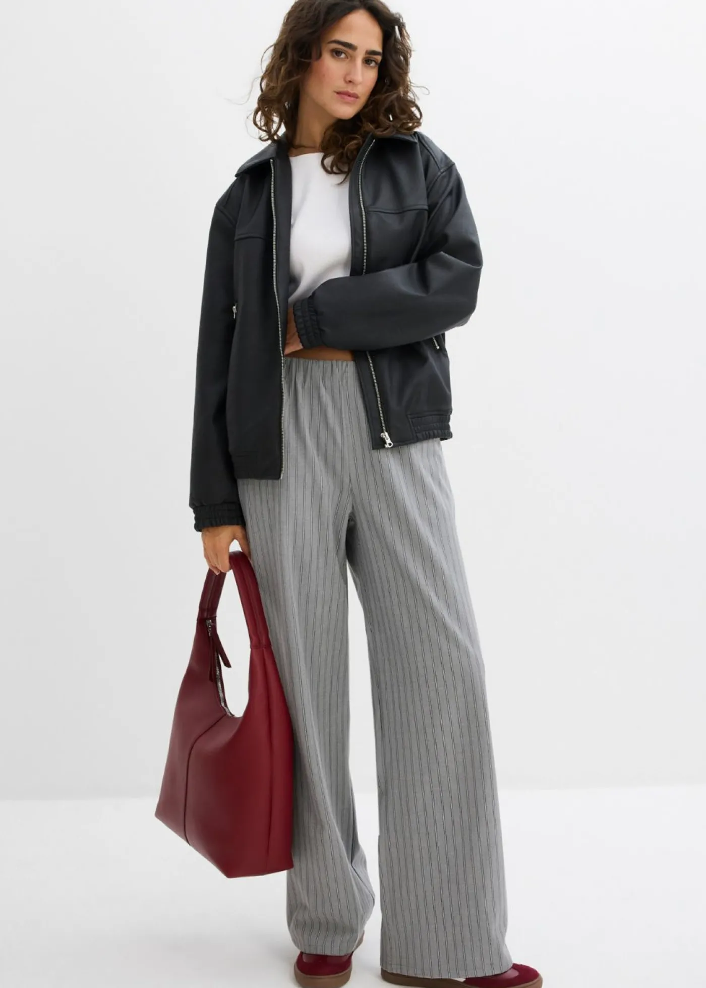 bonprix bonprix Pantalón sin cierre de tejido fluido gris-pizarra-blanco con rayas Outlet