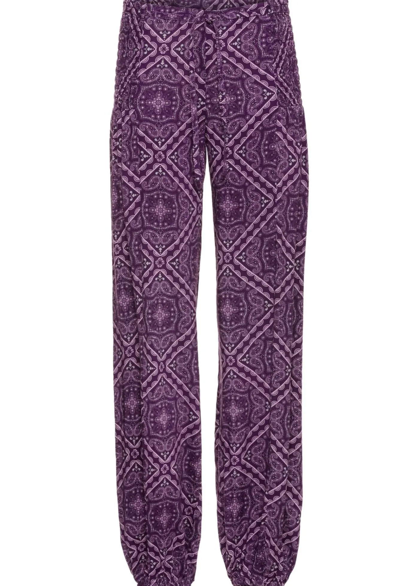 bonprix bonprix Pantalón sin cierre de viscosa fluida Lila oscuro-morado mate con estampado gráfico Hot