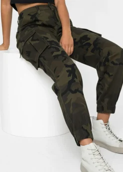 bonprix bonprix Pantalón tipo cargo de algodón puro Verde oliva oscuro estampado Online