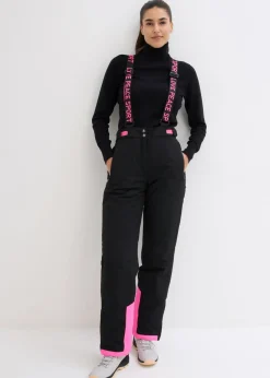 bonprix bonprix Pantalón térmico funcional de esquí con tirantes desmontables, material impermeable y corte recto Negro Sale
