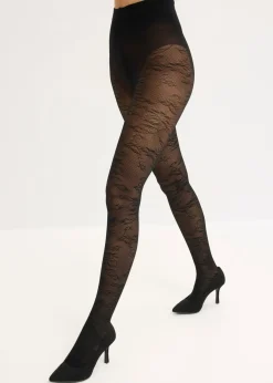 bonprix bonprix Pantis con diseño floral de rejilla Negro Discount