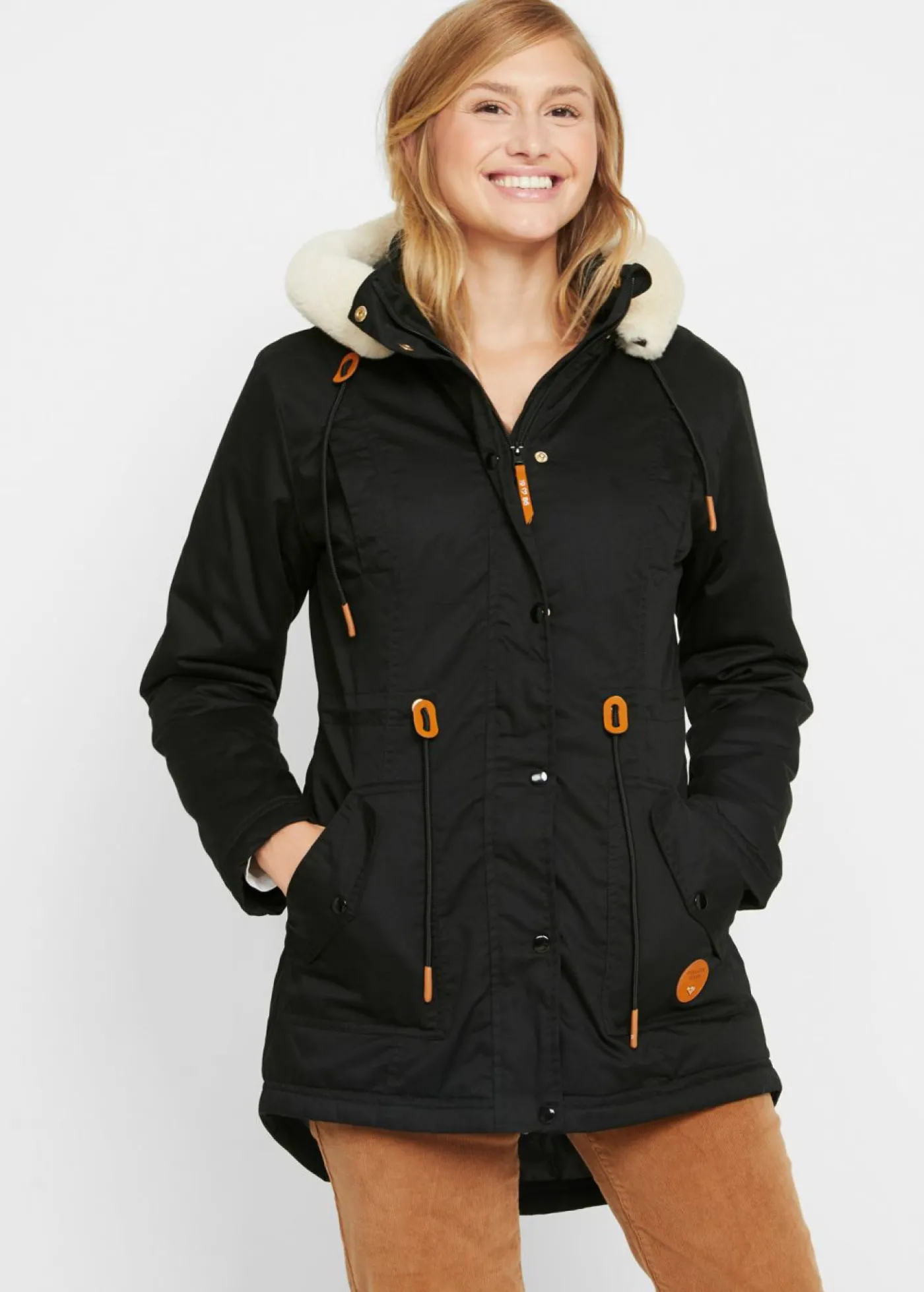 bonprix bonprix Parka acolchada con ribete de pelo sintético Negro Online