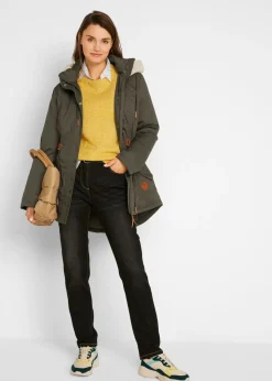 bonprix bonprix Parka acolchada con ribete de pelo sintético Verde oliva oscuro Sale