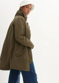 bonprix bonprix Parka corta de algodón con cuello alto, entallada Caqui Outlet