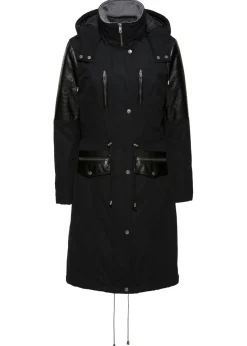 bonprix bonprix Parka larga con inserciones de piel sintética Negro Sale