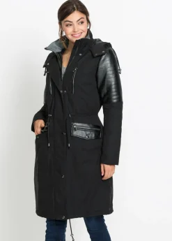 bonprix bonprix Parka larga con inserciones de piel sintética Negro Sale