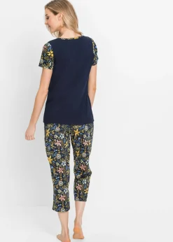 bonprix bonprix Pijama capri con mangas cortas, de algodón puro Azul marino estampado Best