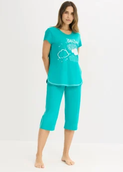 bonprix bonprix Pijama capri de algodón orgánico puro Esmeralda-blanco Discount