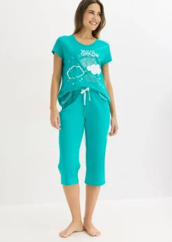 bonprix bonprix Pijama capri de algodón orgánico puro Esmeralda-blanco Discount
