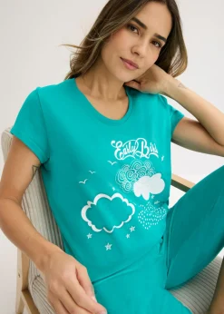bonprix bonprix Pijama capri de algodón orgánico puro Esmeralda-blanco Discount