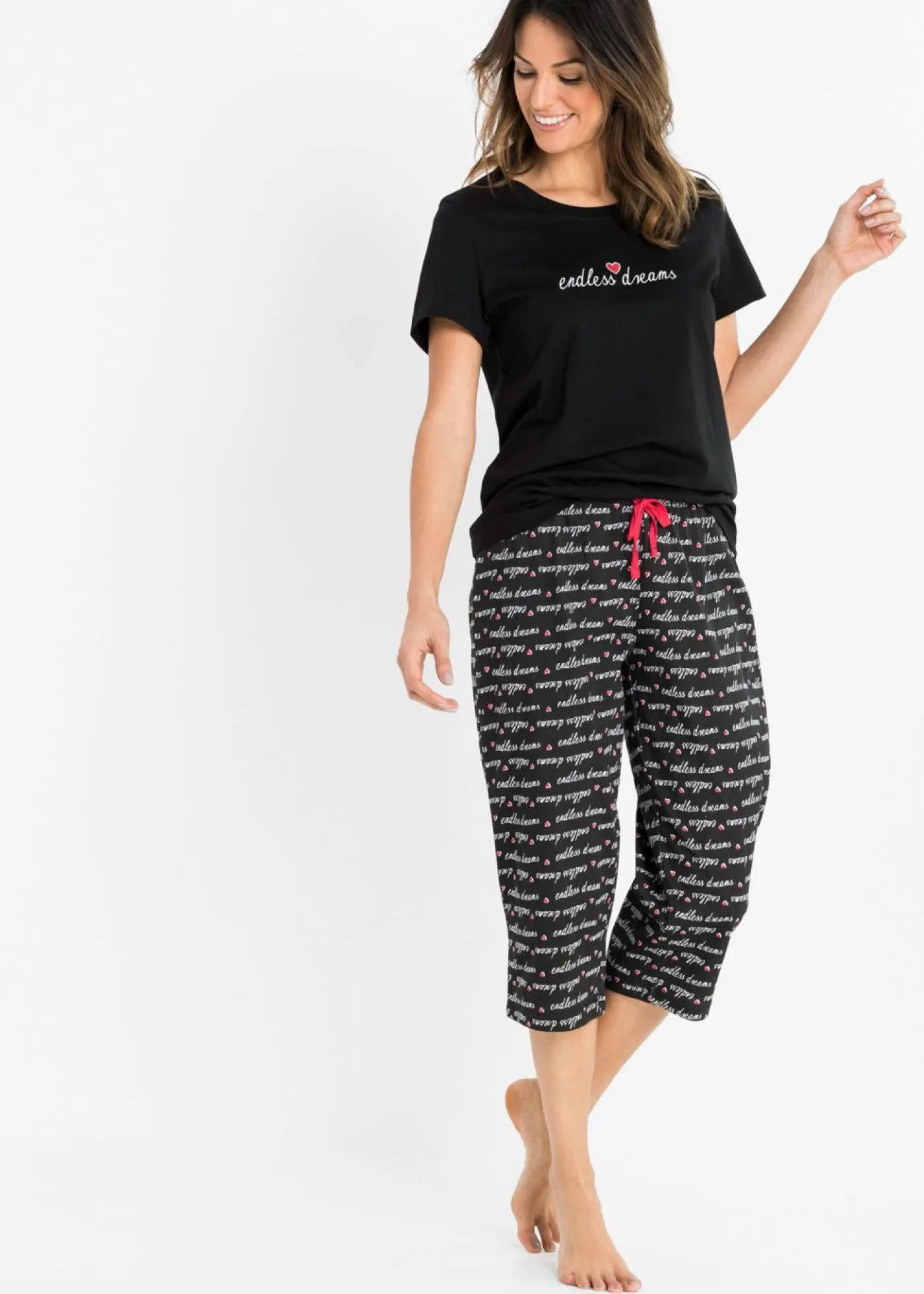 bonprix bonprix Pijama capri de algodón puro Negro estampado Sale