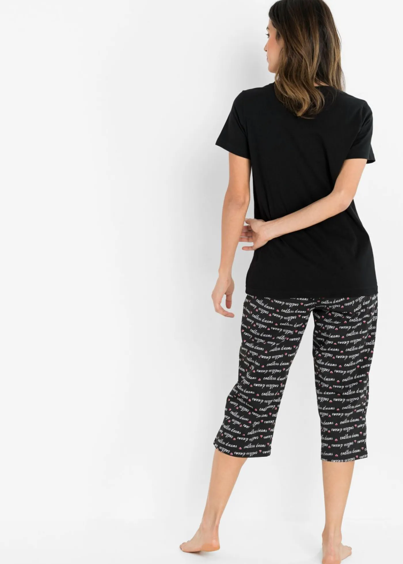 bonprix bonprix Pijama capri de algodón puro Negro estampado Sale