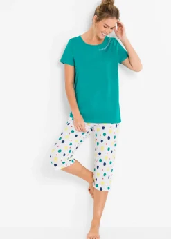 bonprix bonprix Pijama capri de algodón puro Esmeralda de lunares Online