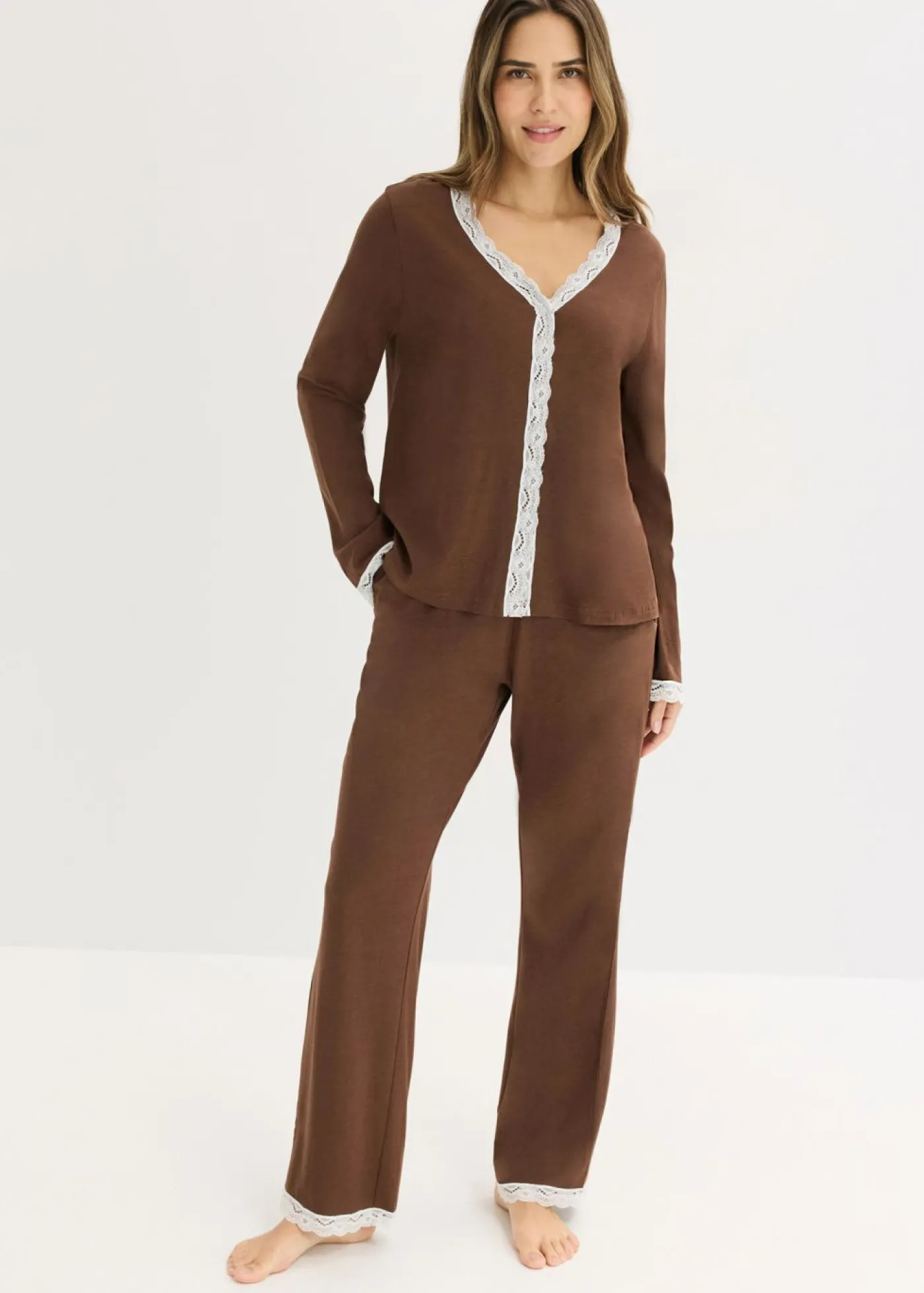 bonprix bonprix Pijama con botones Marrón-blanco lana Outlet
