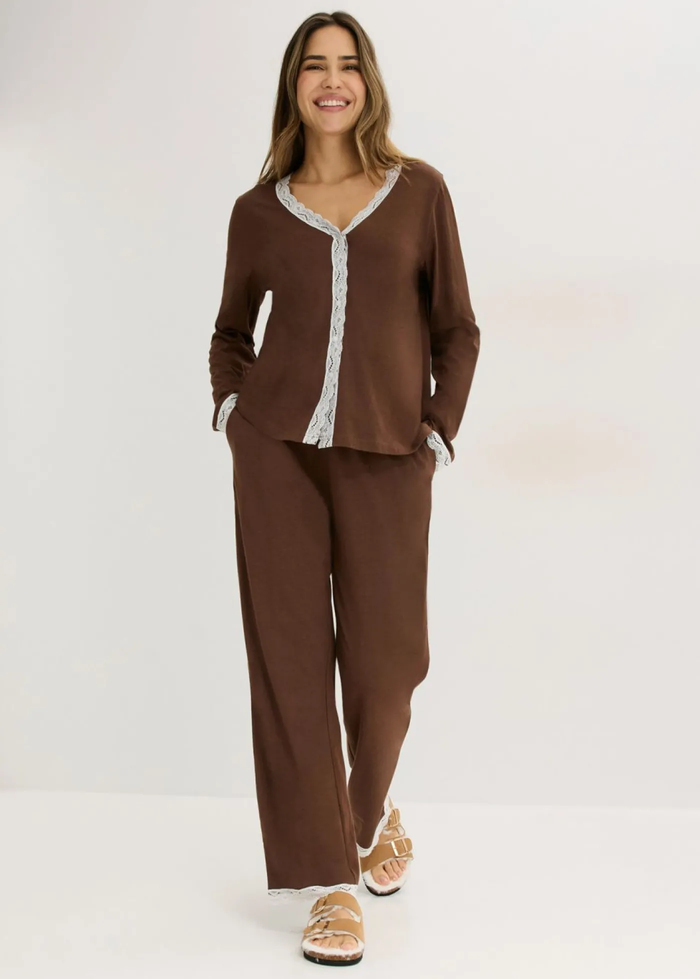 bonprix bonprix Pijama con botones Marrón-blanco lana Outlet