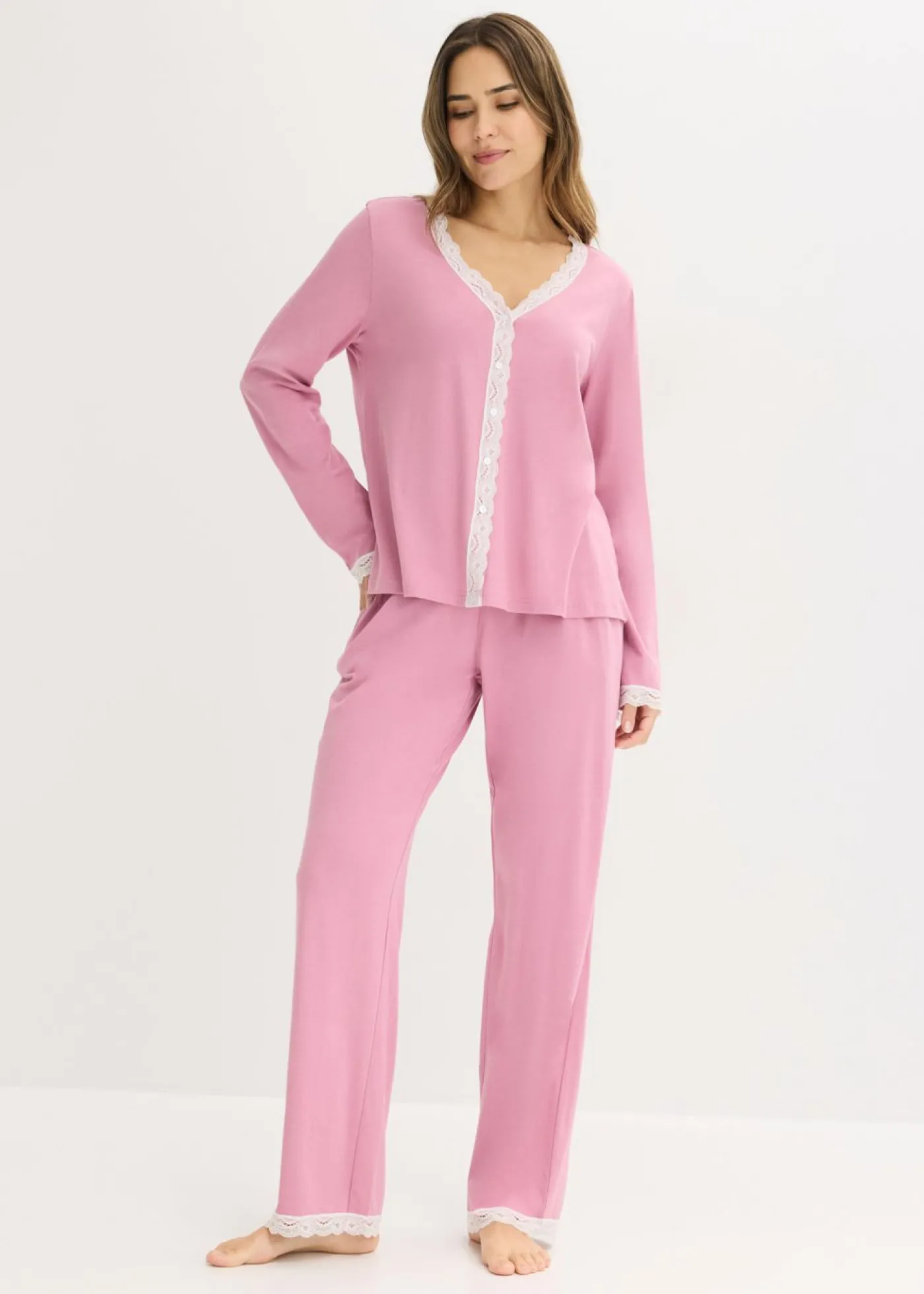 bonprix bonprix Pijama con botones malva-blanco lana Discount
