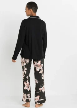 bonprix bonprix Pijama con botones Negro de flores Hot