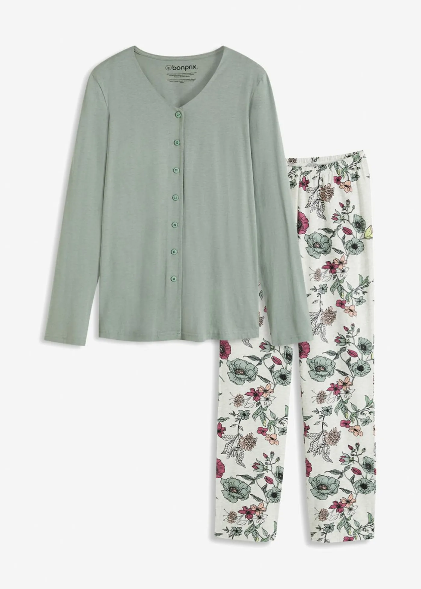 bonprix bonprix Pijama con botones verde-natural jaspeado con flores