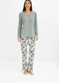 bonprix bonprix Pijama con botones verde-natural jaspeado con flores