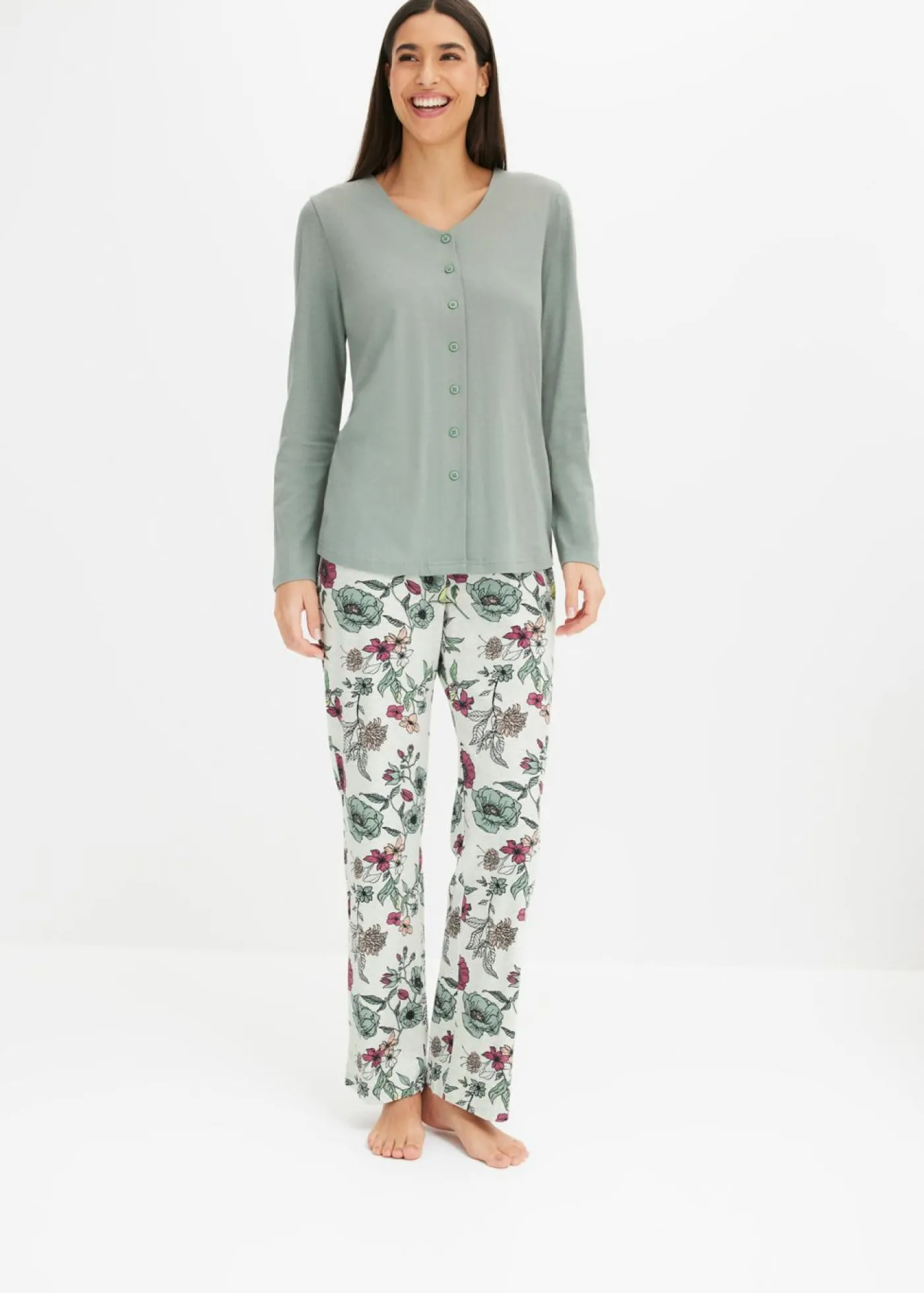 bonprix bonprix Pijama con botones verde-natural jaspeado con flores