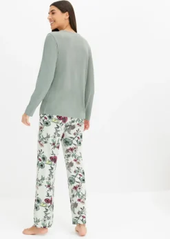 bonprix bonprix Pijama con botones verde-natural jaspeado con flores