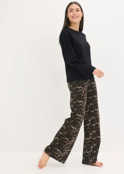 bonprix bonprix Pijama con camiseta de canalé y pantalón ancho estampado leo negro Hot