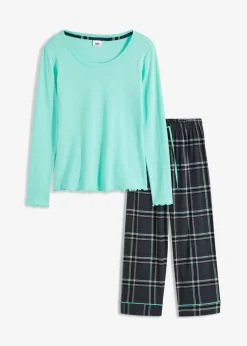 bonprix bonprix Pijama con camiseta de canalé y pantalón de franela azul mentol-azul oscuro a cuadros Discount