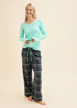 bonprix bonprix Pijama con camiseta de canalé y pantalón de franela azul mentol-azul oscuro a cuadros Discount