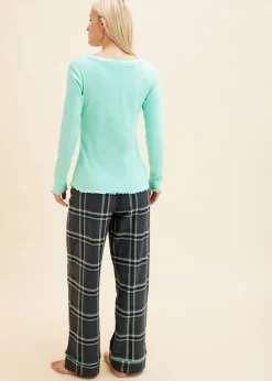 bonprix bonprix Pijama con camiseta de canalé y pantalón de franela azul mentol-azul oscuro a cuadros Discount